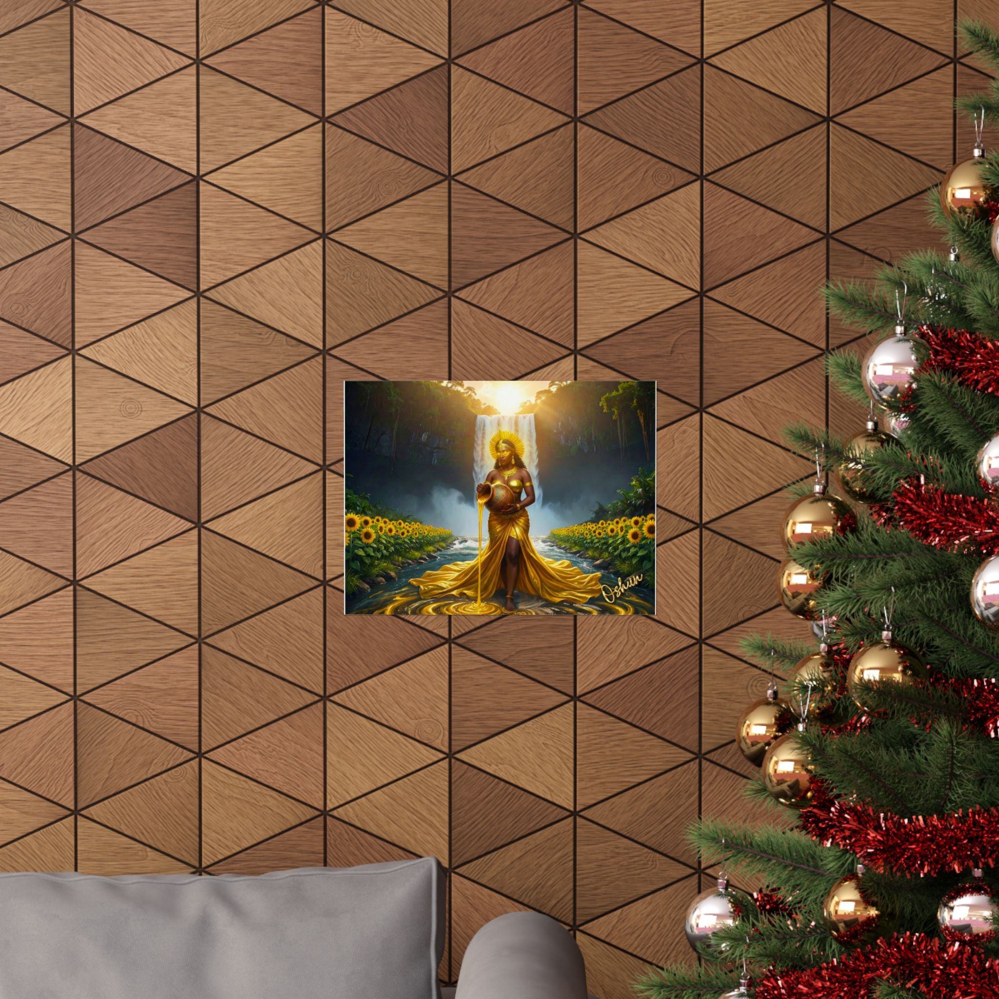 Oshun Goddess Poster — Golden Waterfall Maternity Art Matte Horizontal Print