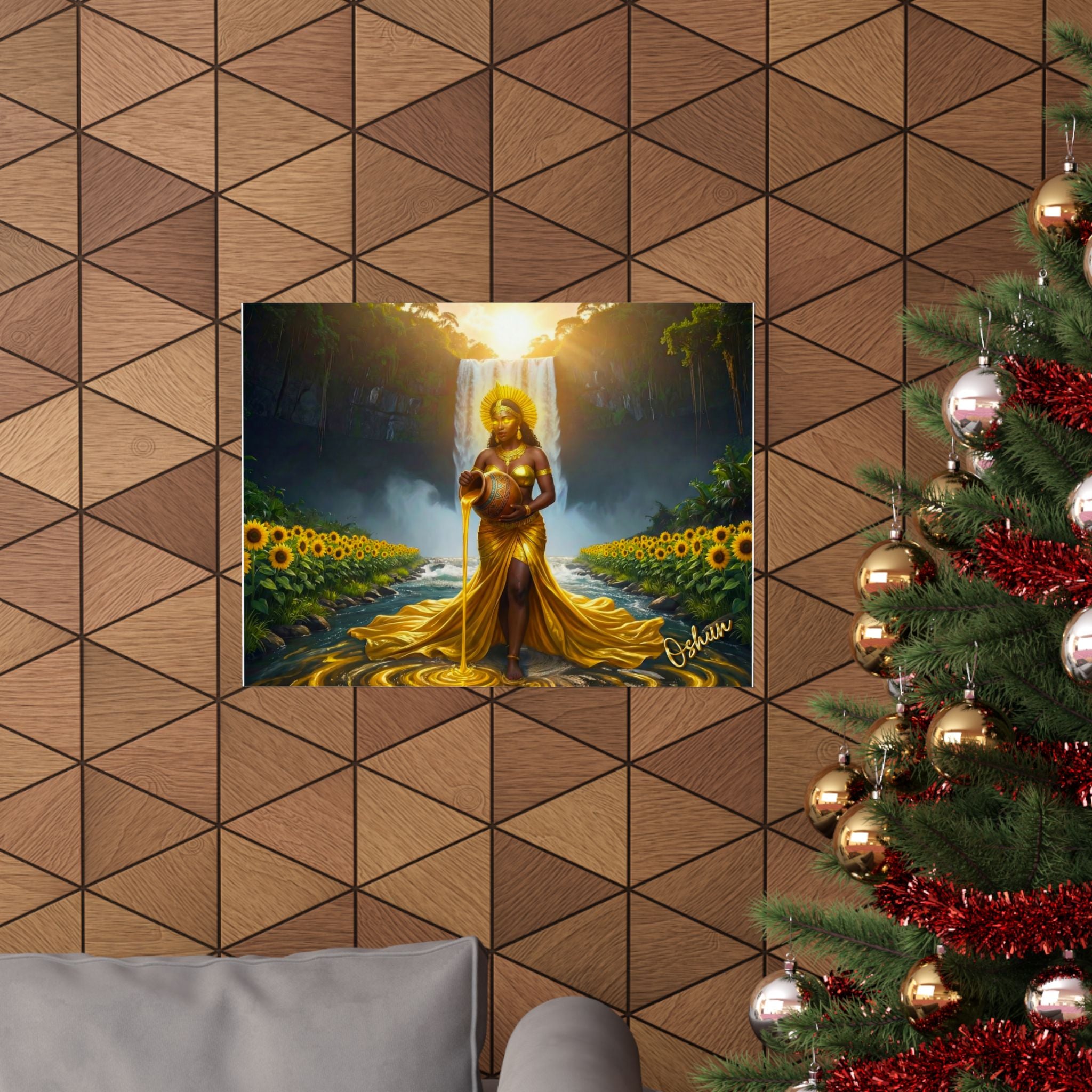 Oshun Goddess Poster — Golden Waterfall Maternity Art Matte Horizontal Print