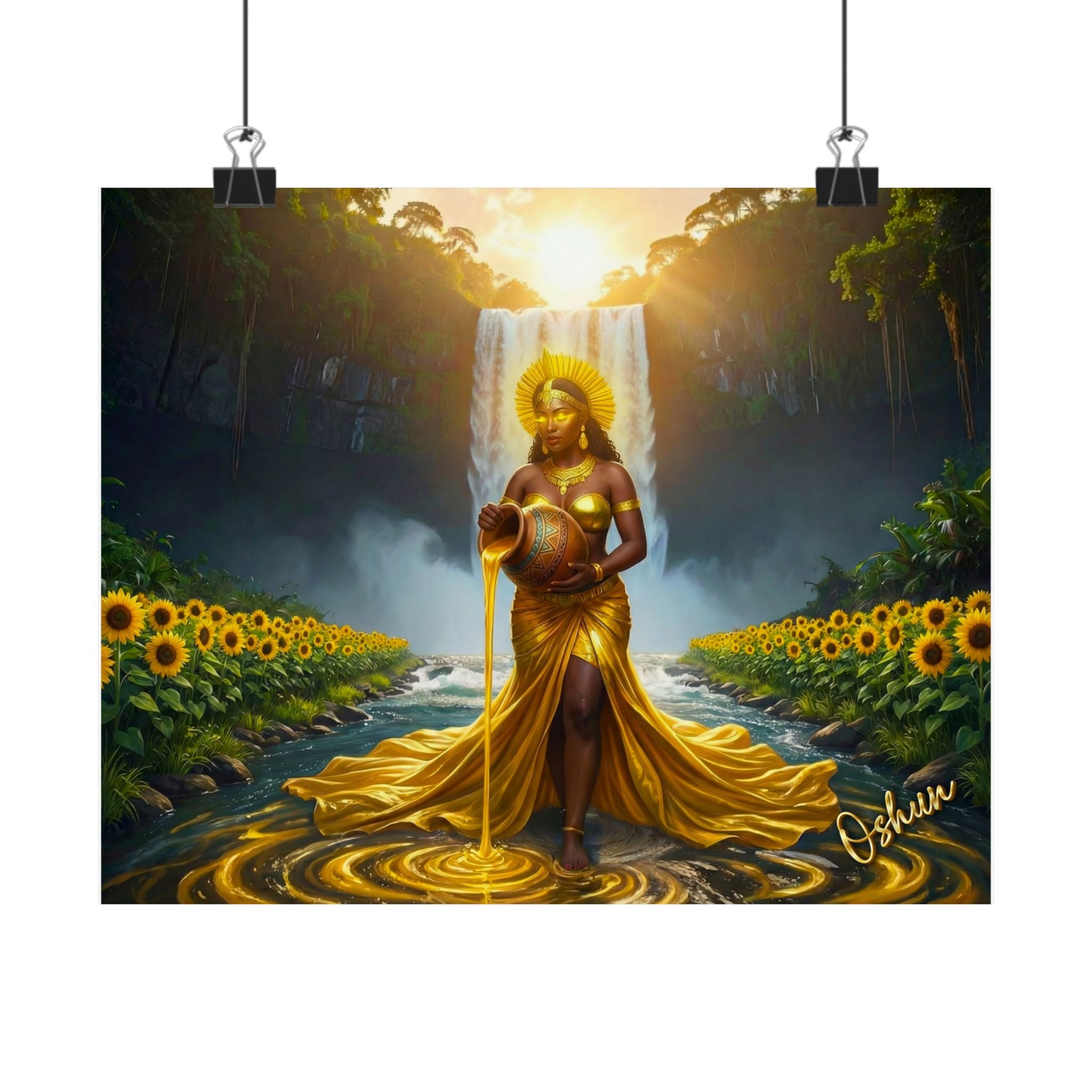 Oshun Goddess Poster — Golden Waterfall Maternity Art Matte Horizontal Print