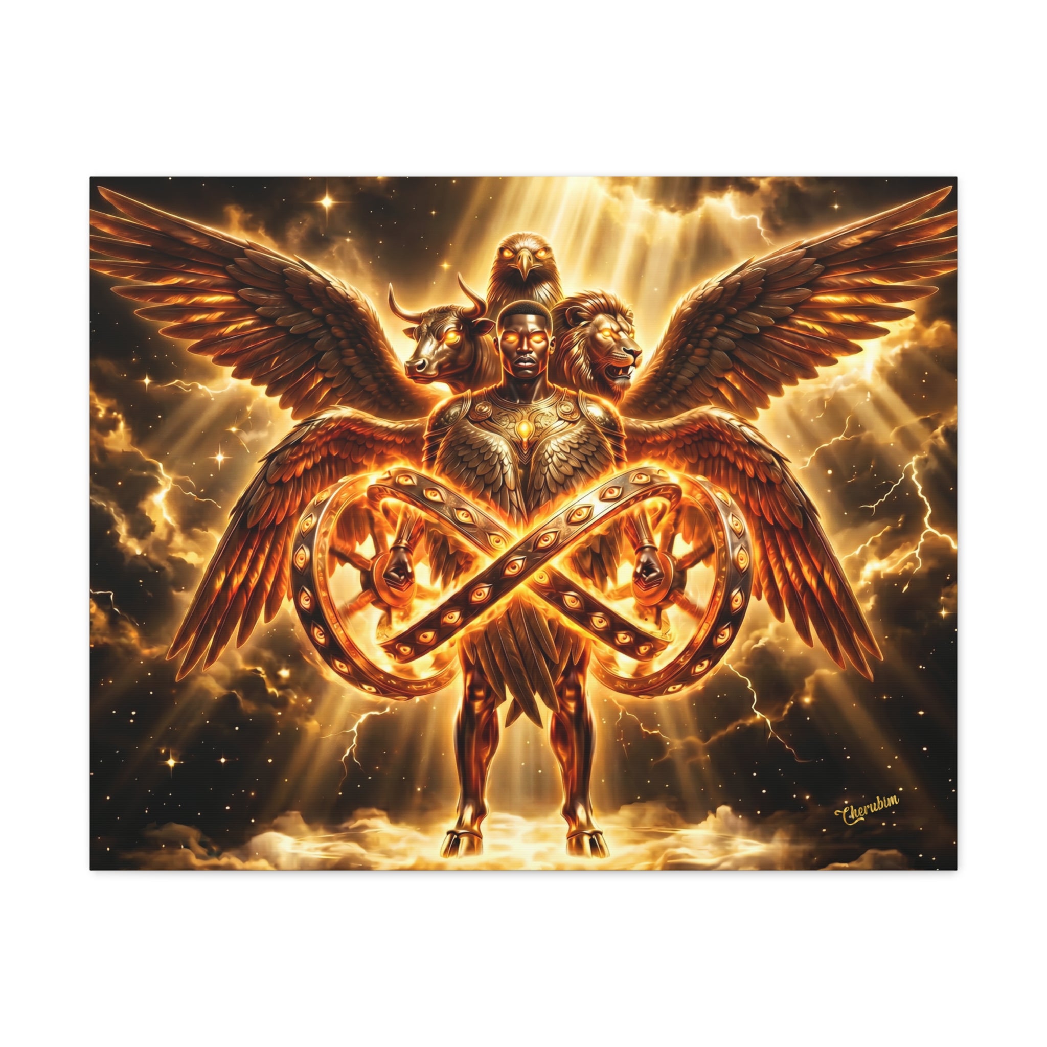 Cherubim & Sacred Wheels Canvas — Ezekiel Vision Angelic Wall Art 👼✨