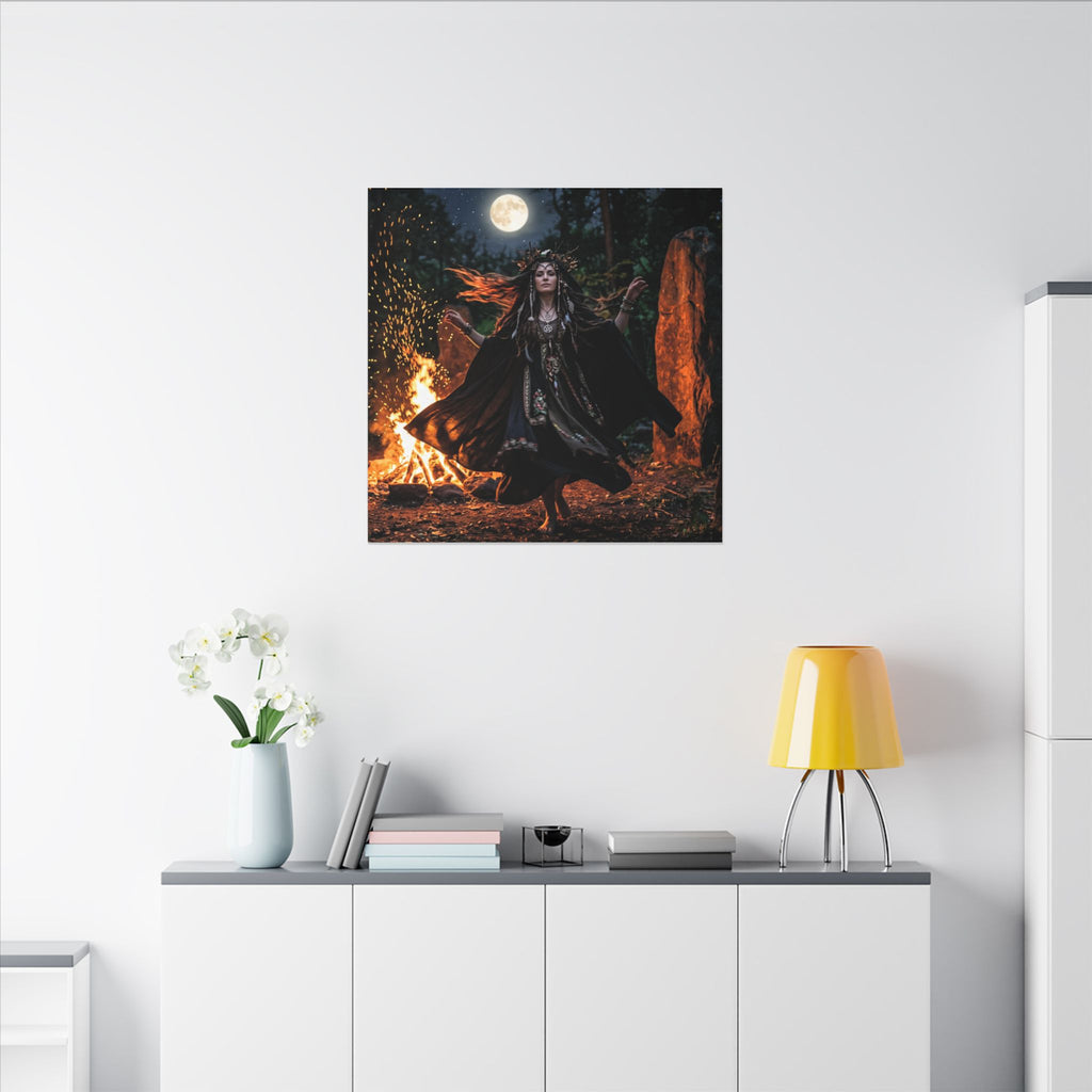 Matte Canvas Wall Art - Moonlit Pagan Woman Dancing by Bonfire (Stretched)