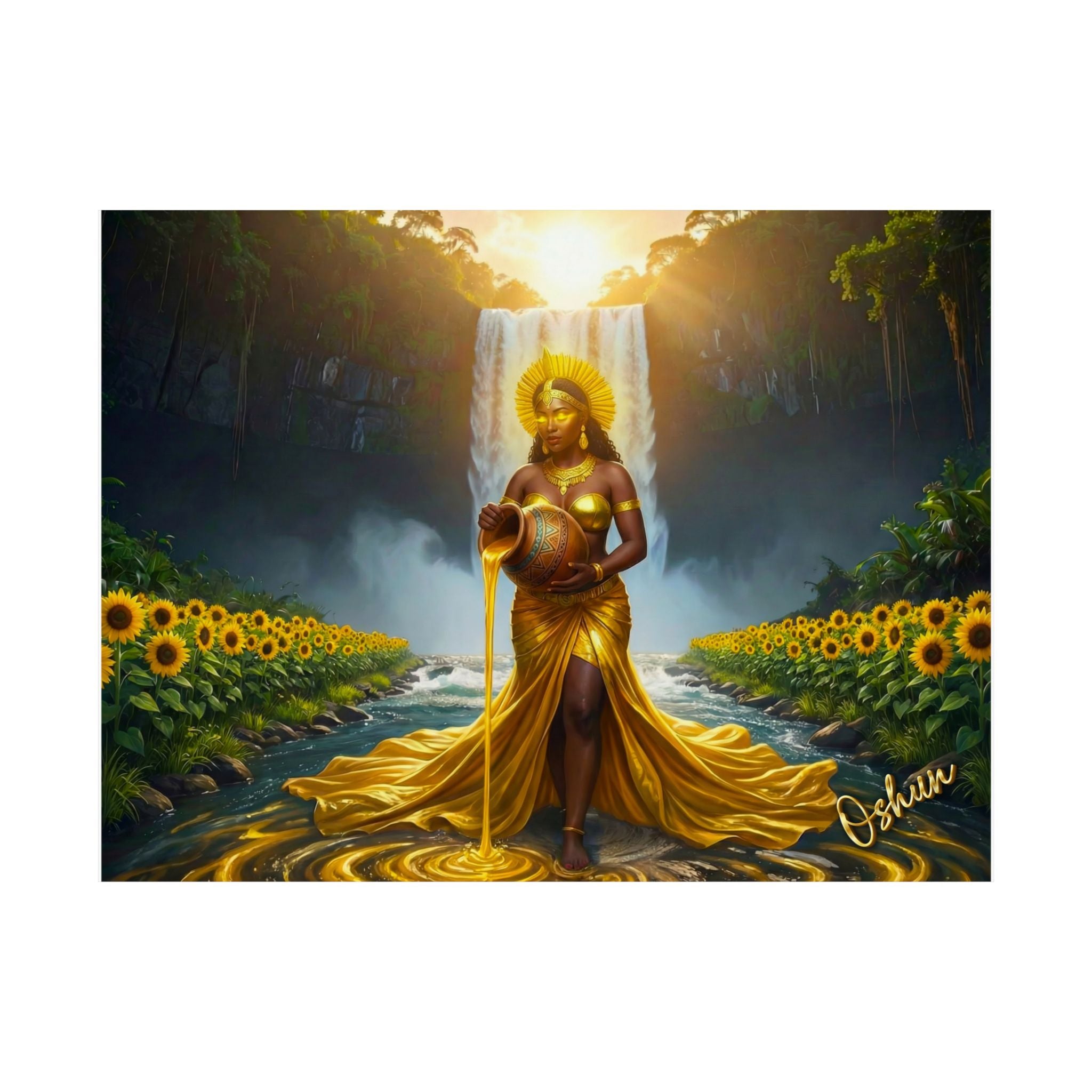 Oshun Goddess Poster — Golden Waterfall Maternity Art Matte Horizontal Print