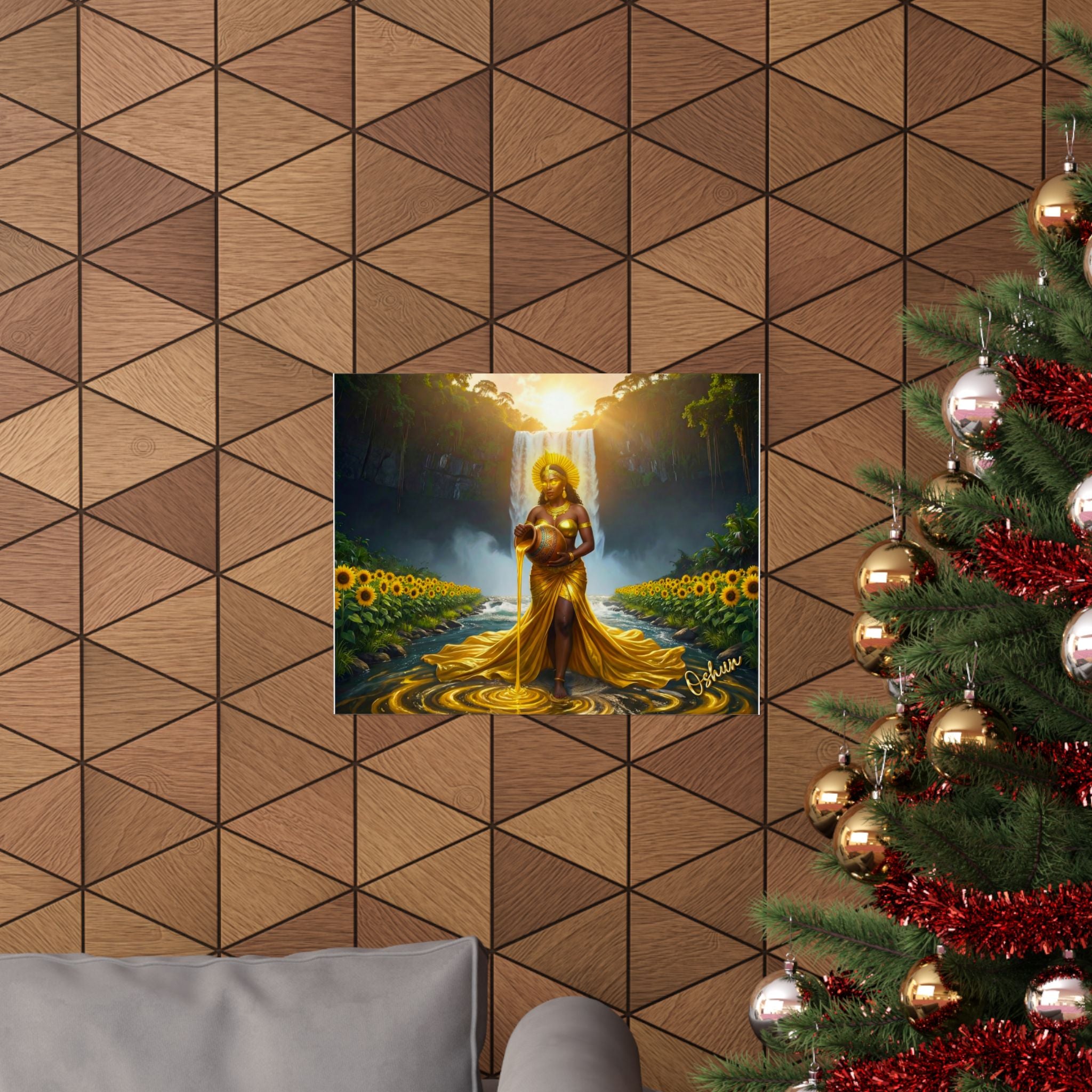 Oshun Goddess Poster — Golden Waterfall Maternity Art Matte Horizontal Print