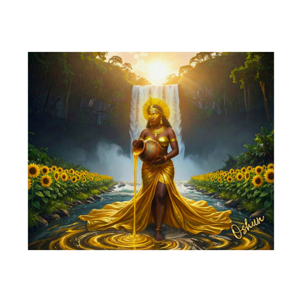 Oshun Goddess Poster — Golden Waterfall Maternity Art Matte Horizontal Print