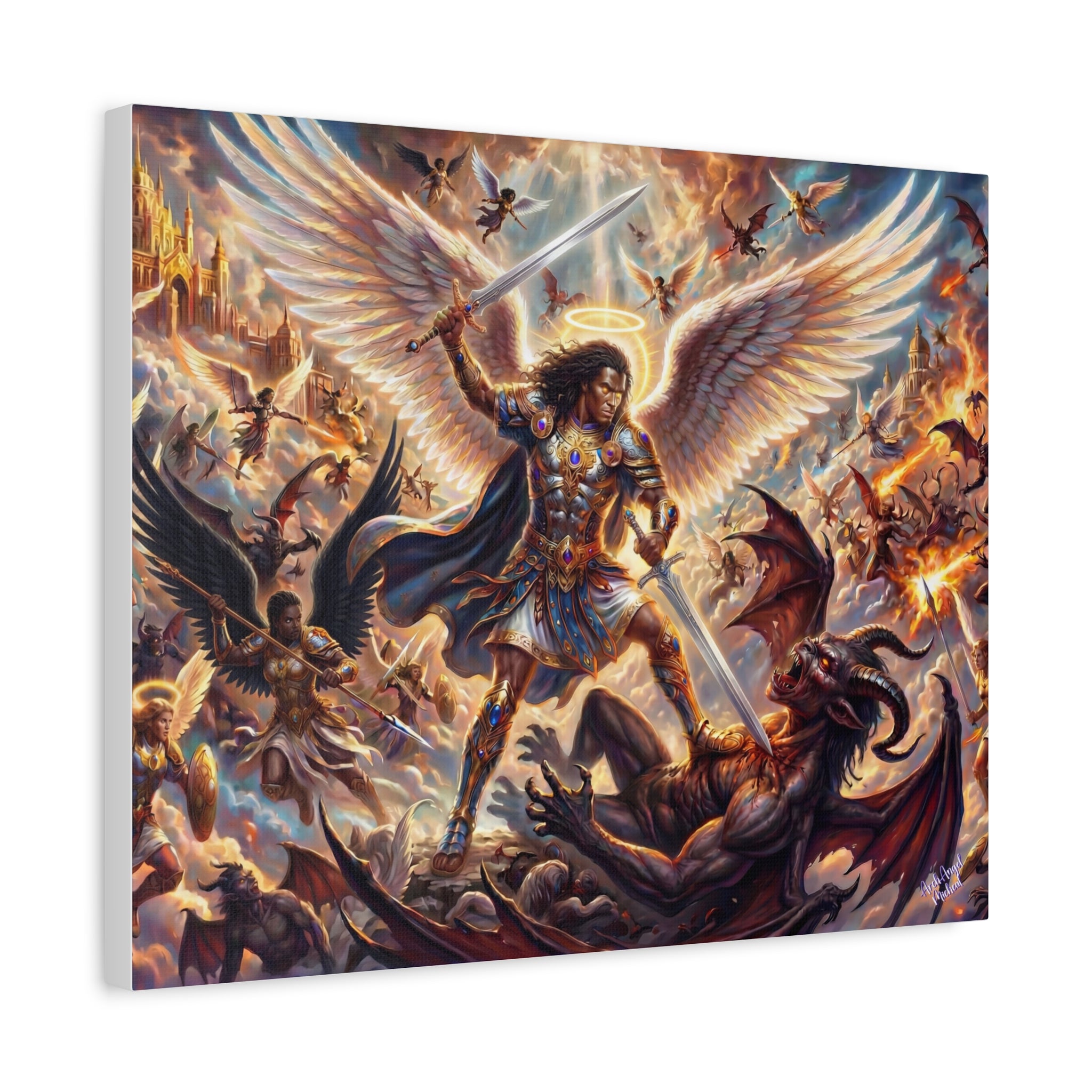 Archangel Michael Victory Canvas — Celestial Warrior Battle Wall Art ⚔️🔥