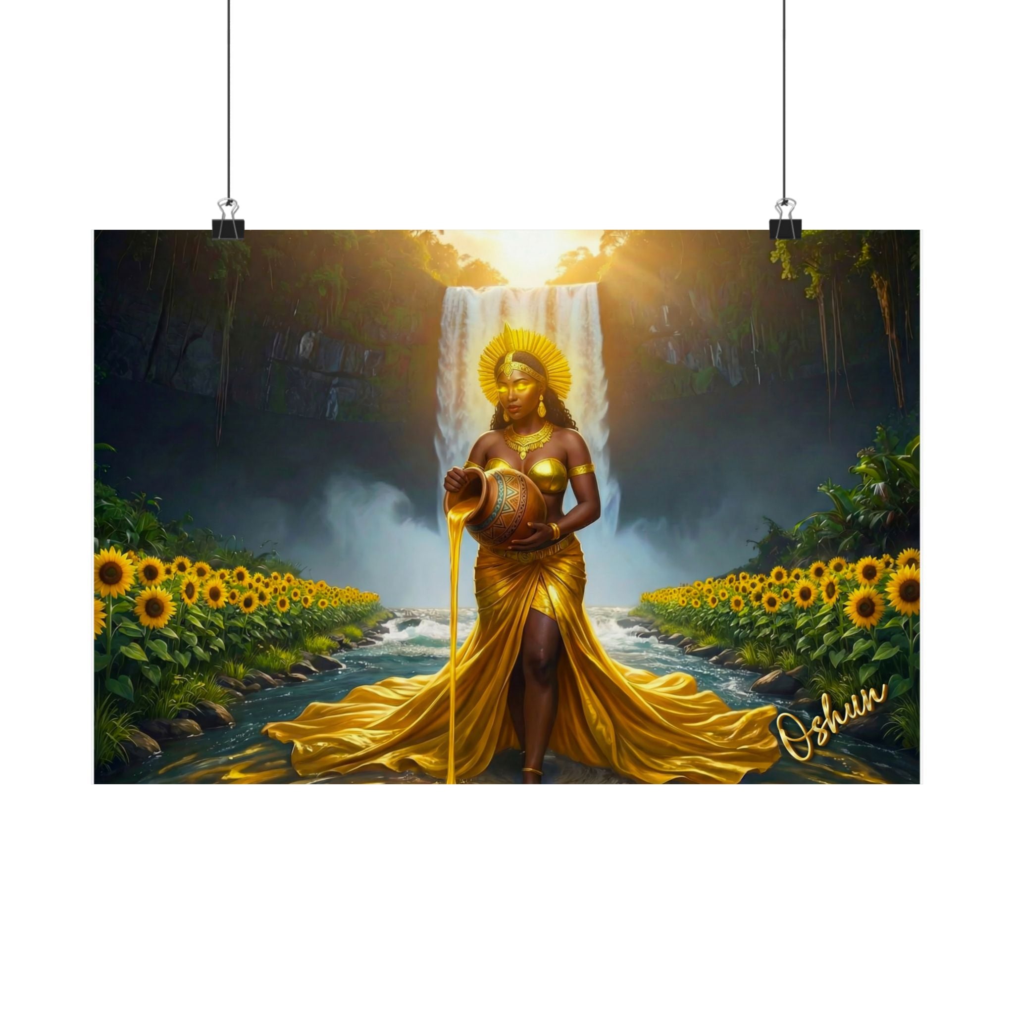 Oshun Goddess Poster — Golden Waterfall Maternity Art Matte Horizontal Print