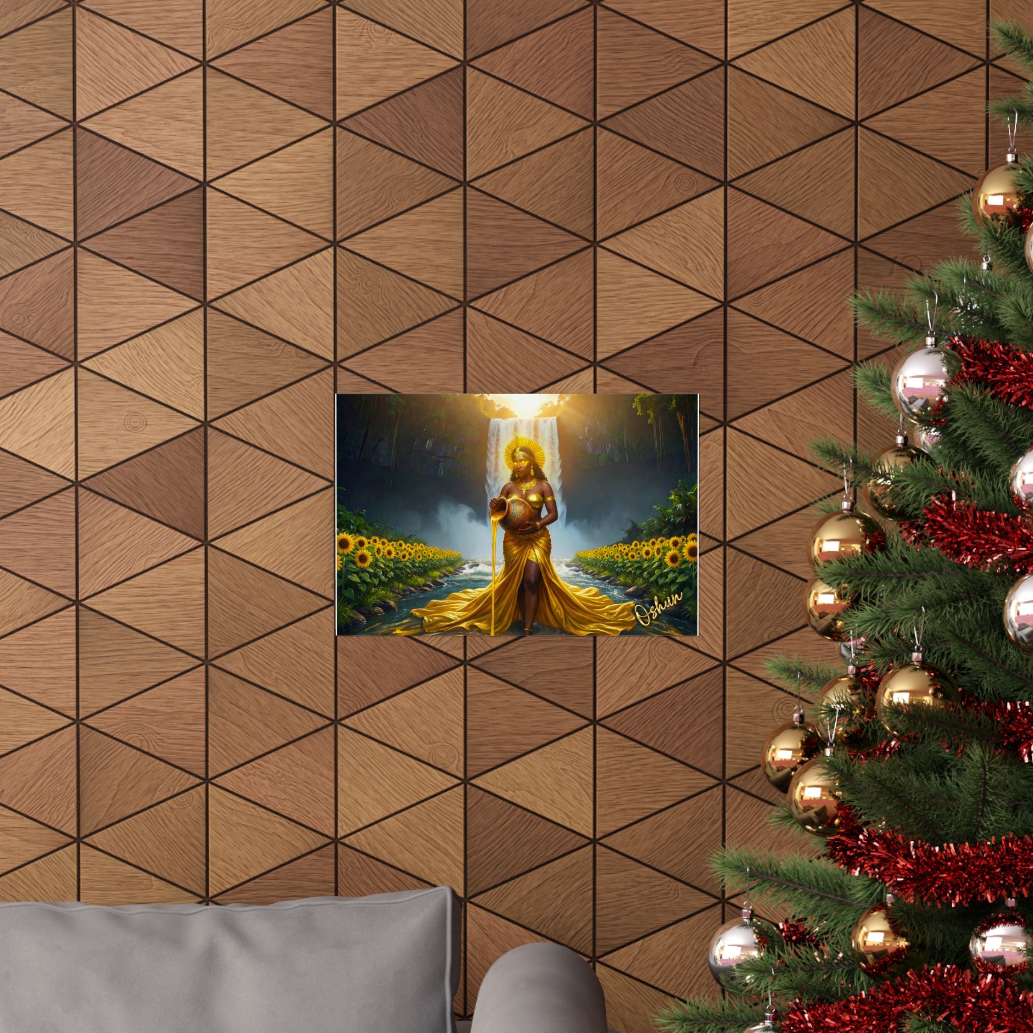 Oshun Goddess Poster — Golden Waterfall Maternity Art Matte Horizontal Print