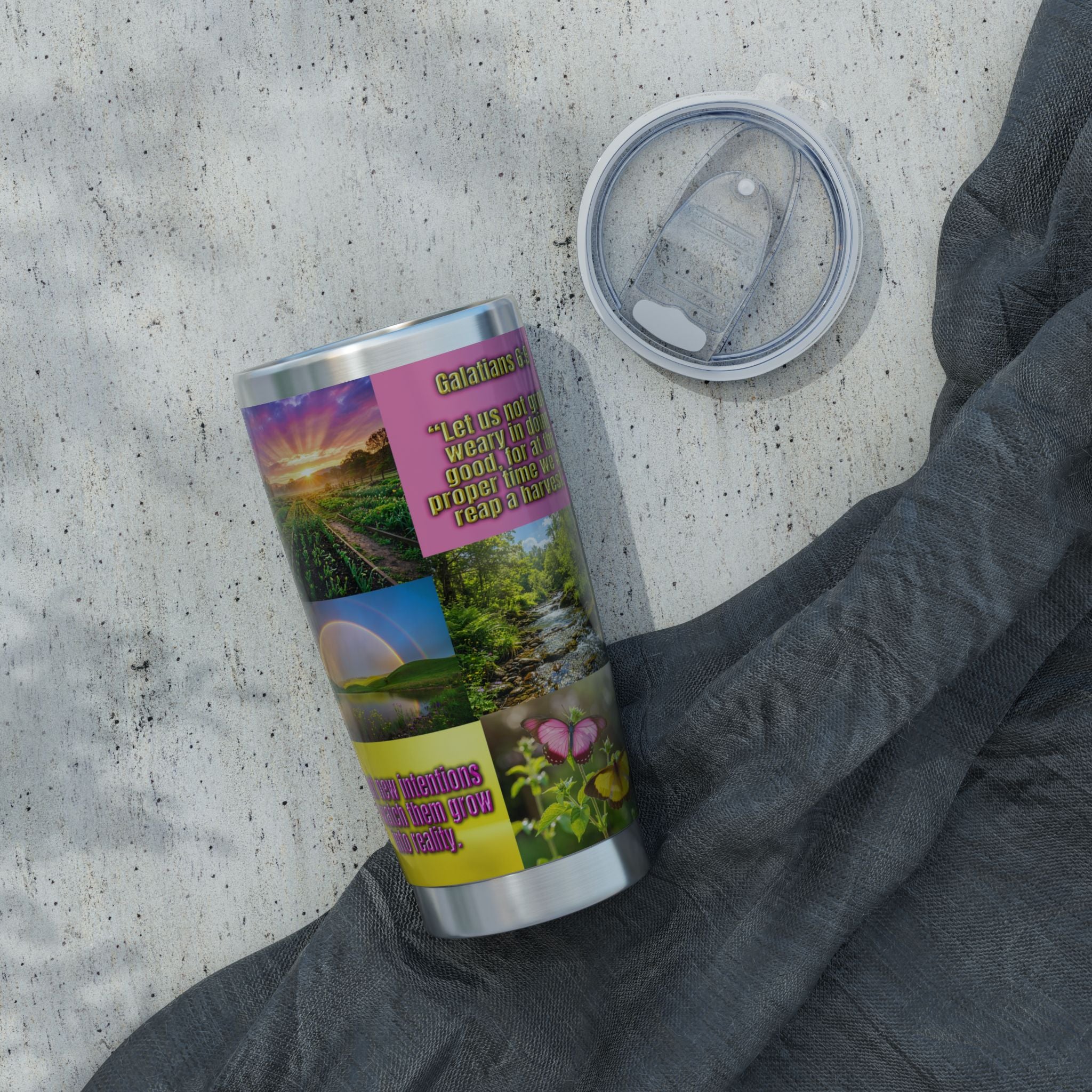 “Faith in Full Bloom — Inspirational Floral Sunset Tumbler with Scripture (20oz)”