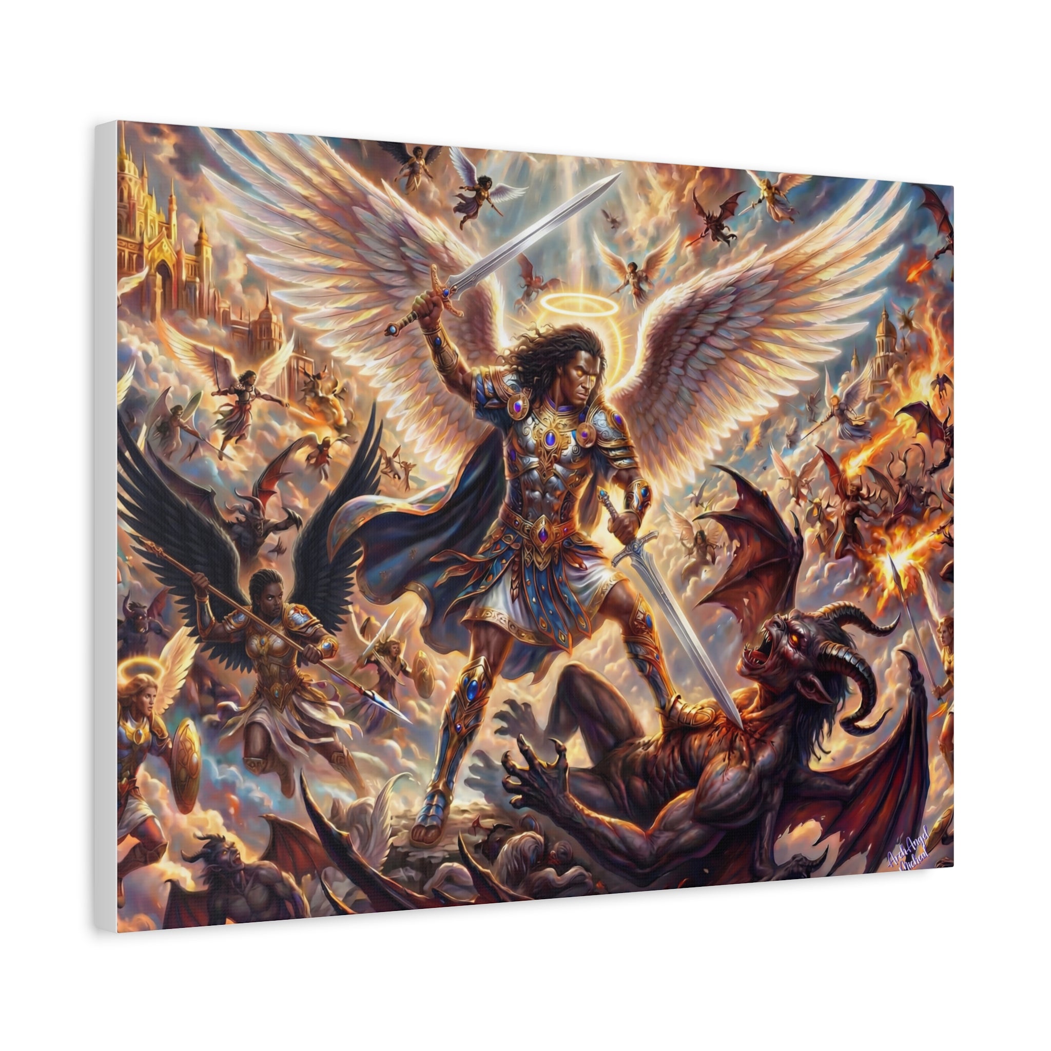 Archangel Michael Victory Canvas — Celestial Warrior Battle Wall Art ⚔️🔥