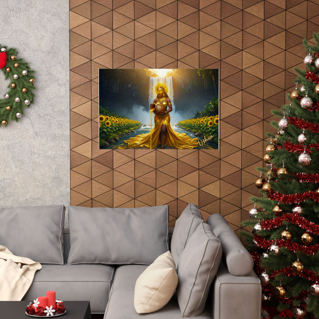 Oshun Goddess Poster — Golden Waterfall Maternity Art Matte Horizontal Print