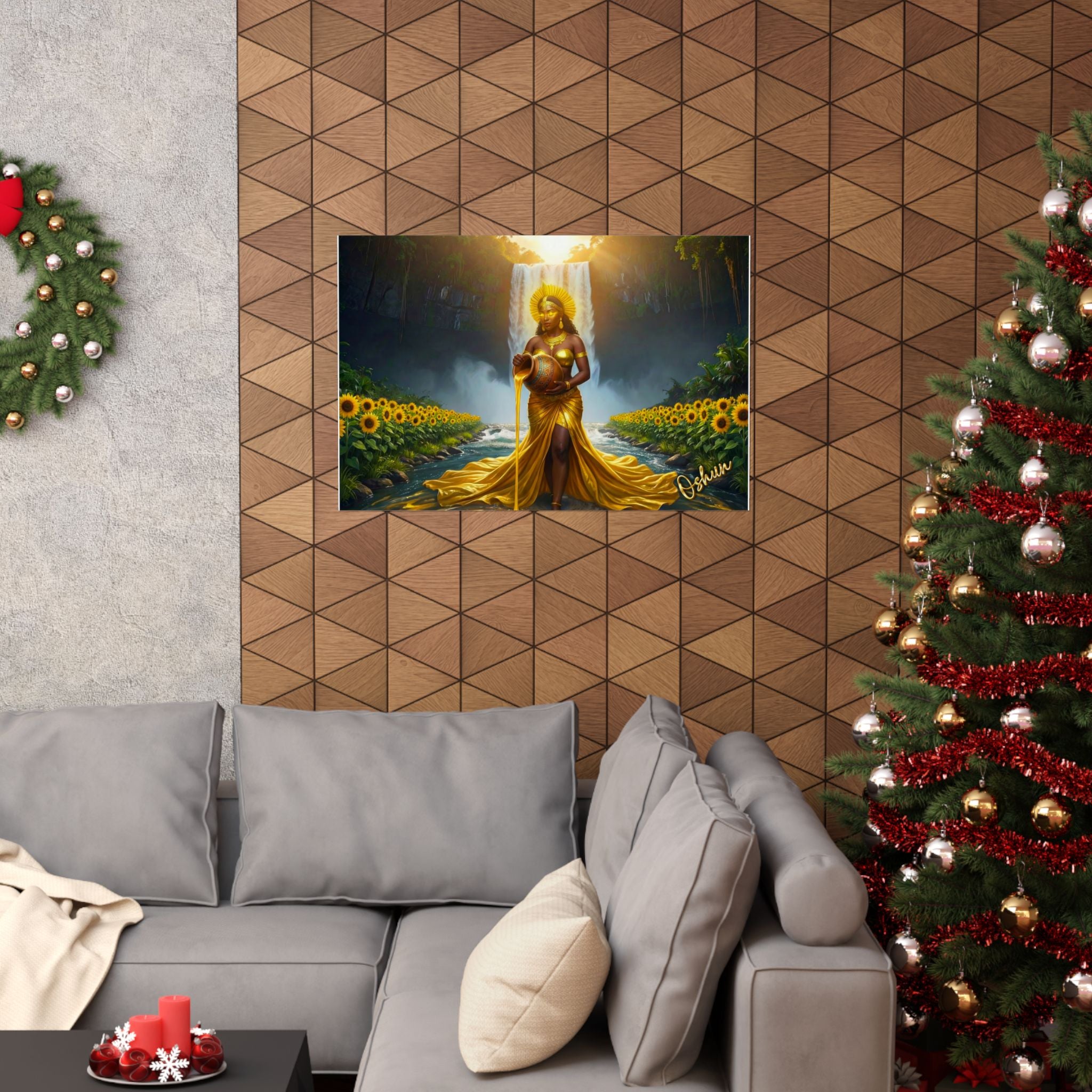 Oshun Goddess Poster — Golden Waterfall Maternity Art Matte Horizontal Print