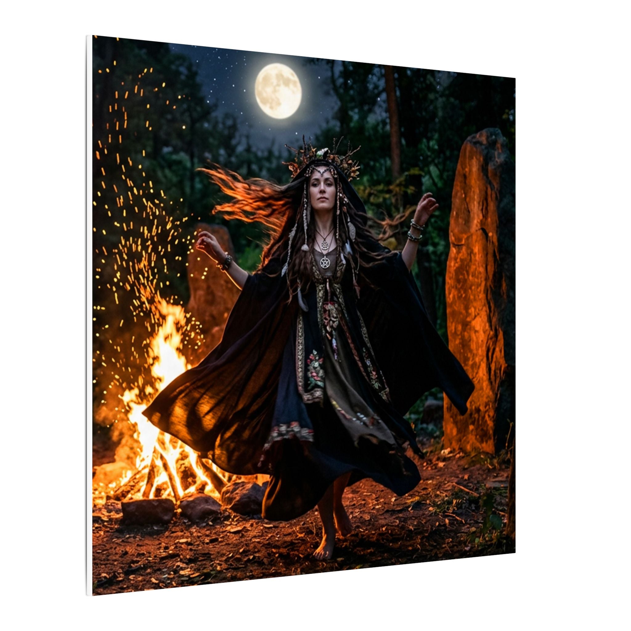 Matte Canvas Wall Art - Moonlit Pagan Woman Dancing by Bonfire (Stretched)