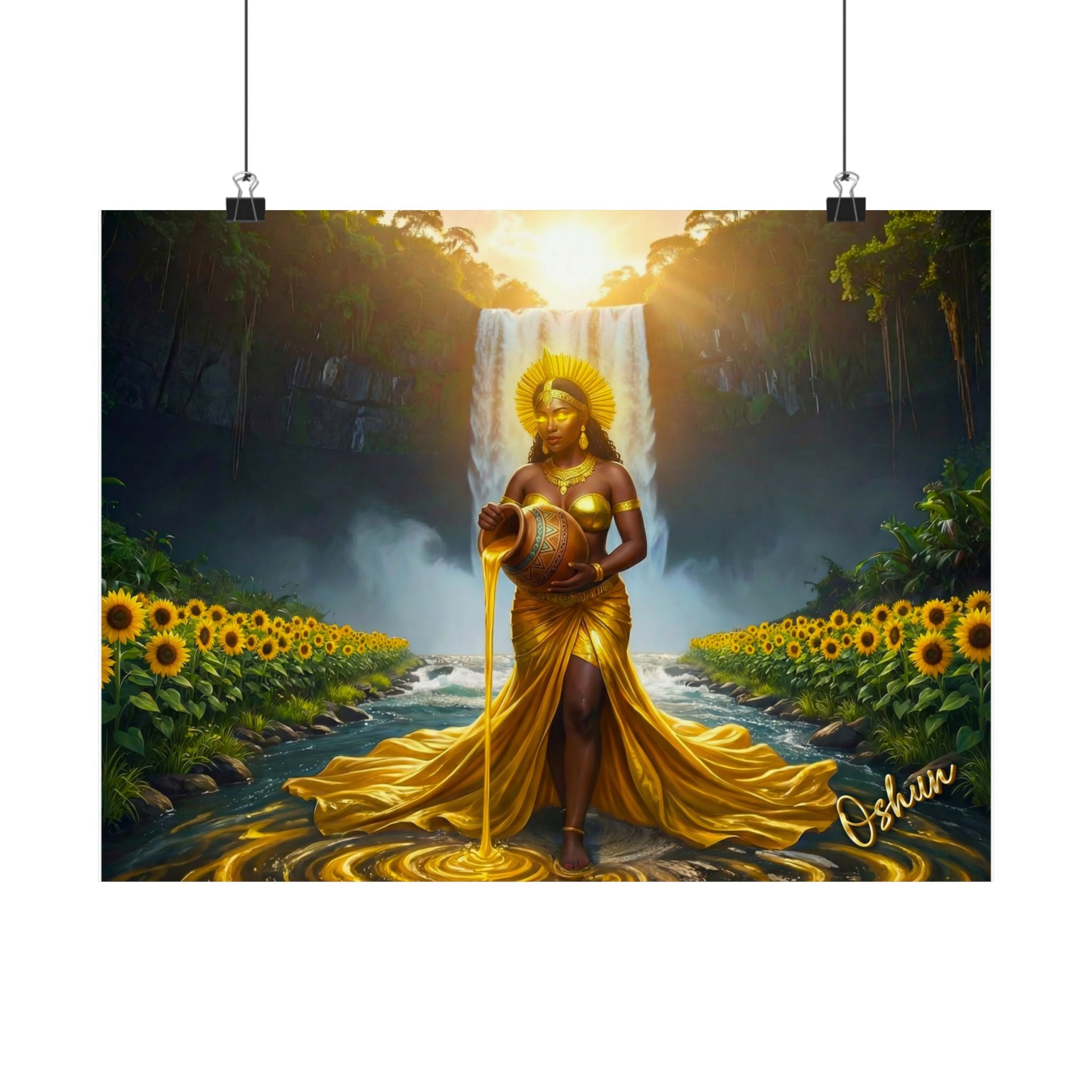 Oshun Goddess Poster — Golden Waterfall Maternity Art Matte Horizontal Print