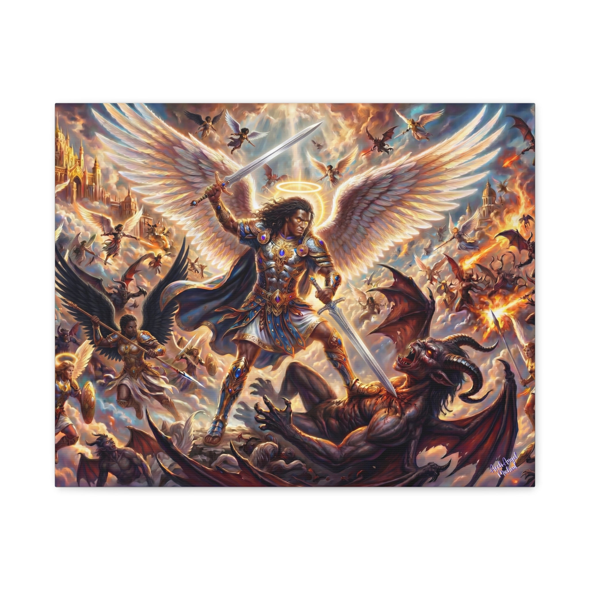 Archangel Michael Victory Canvas — Celestial Warrior Battle Wall Art ⚔️🔥