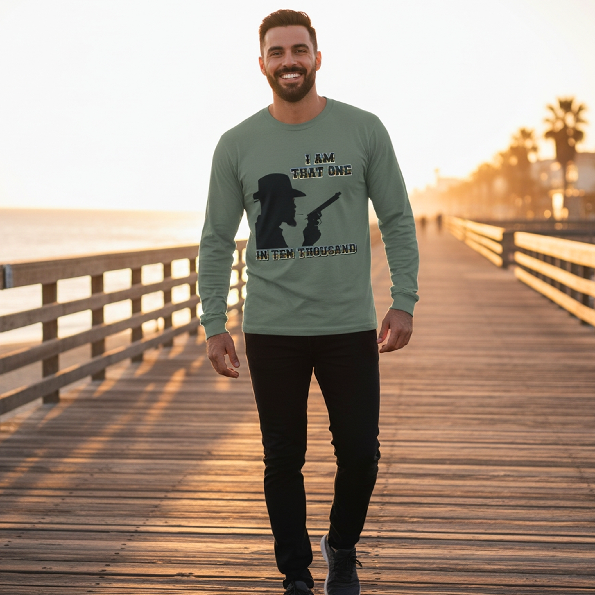 Western Cowboy Long Sleeve T-Shirt — "I Am That One In Ten Thousand" Silhouette