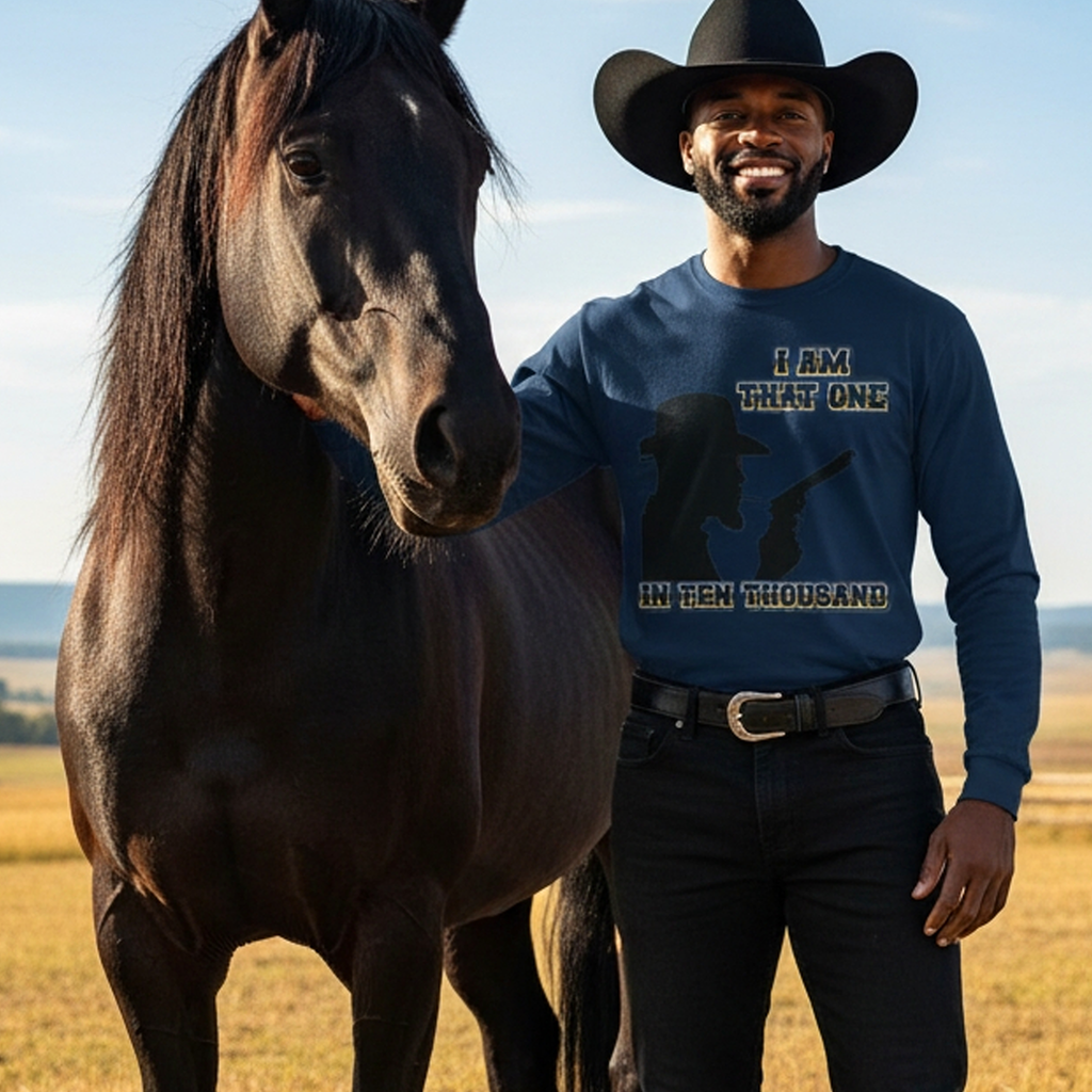 Western Cowboy Long Sleeve T-Shirt — "I Am That One In Ten Thousand" Silhouette
