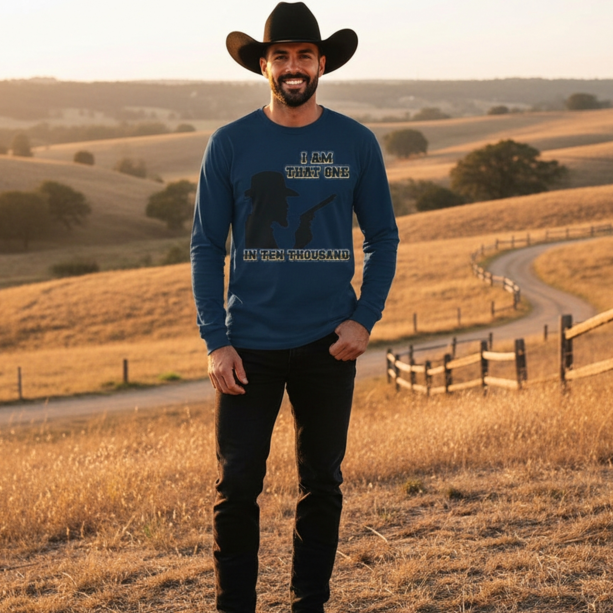 Western Cowboy Long Sleeve T-Shirt — "I Am That One In Ten Thousand" Silhouette