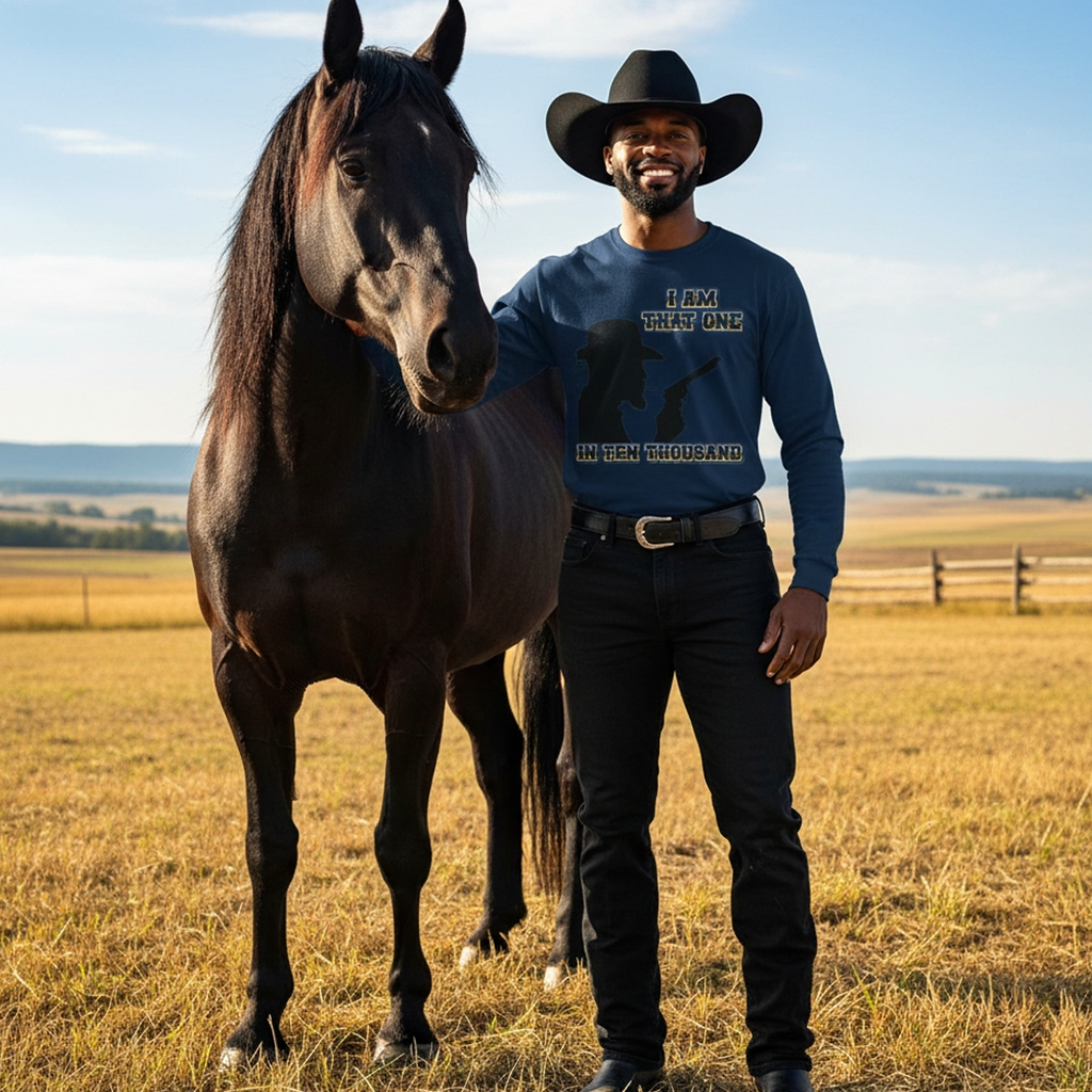 Western Cowboy Long Sleeve T-Shirt — "I Am That One In Ten Thousand" Silhouette