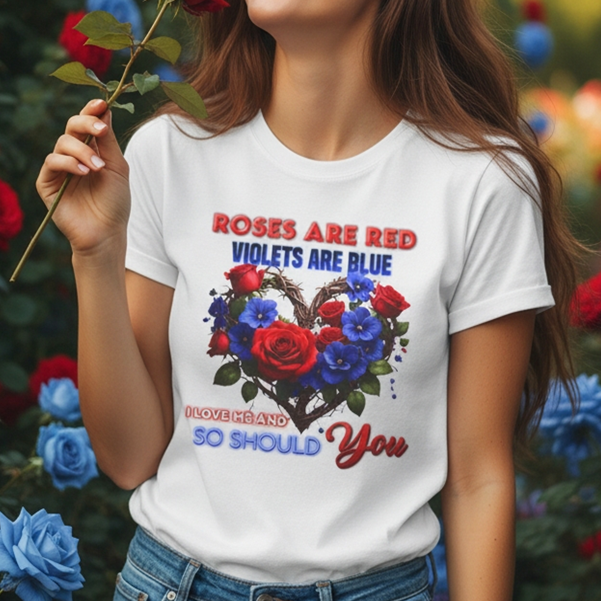 Roses Are Red Violets Are Blue Floral Heart T-Shirt — "Love Me and So Should You" Valentine Tee