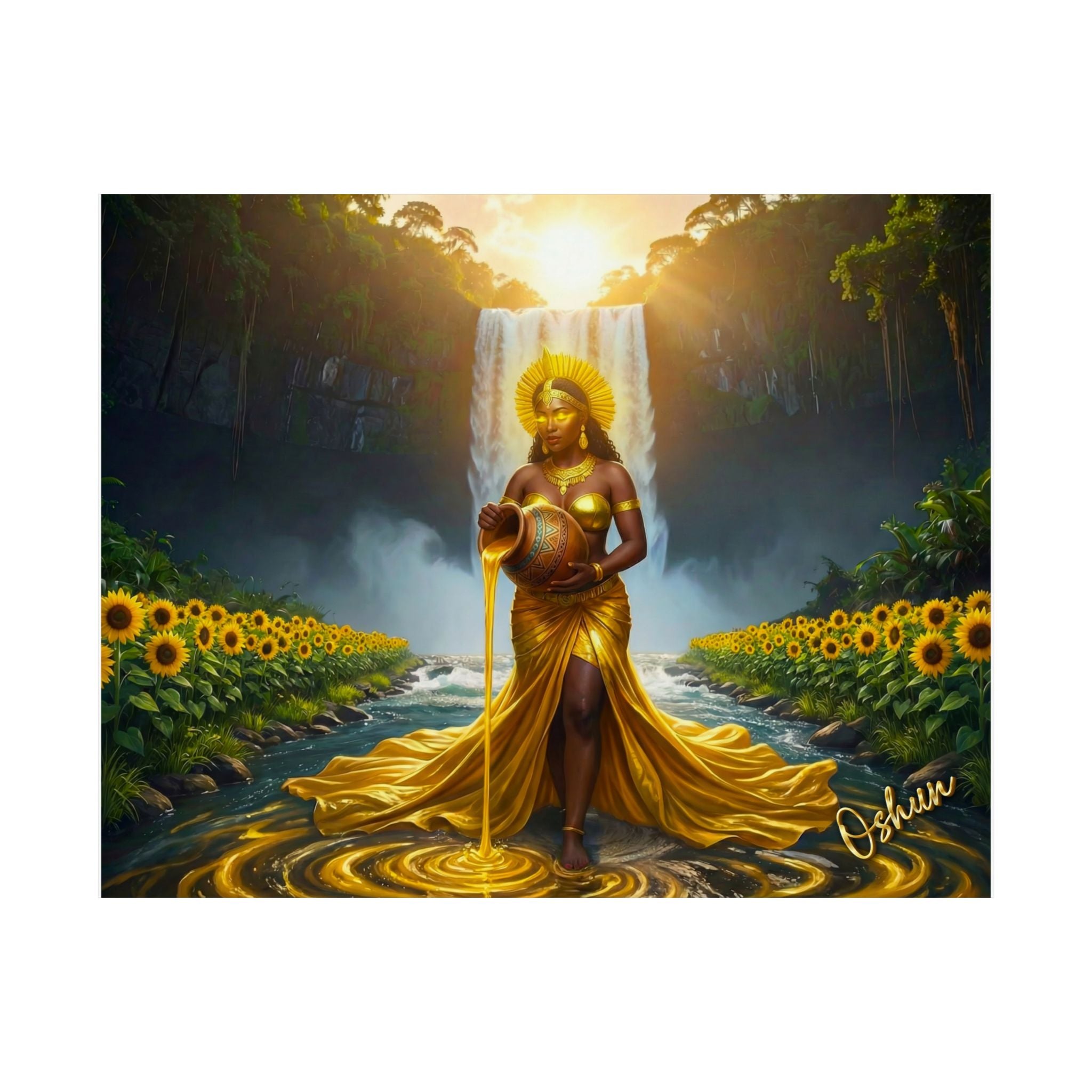 Oshun Goddess Poster — Golden Waterfall Maternity Art Matte Horizontal Print