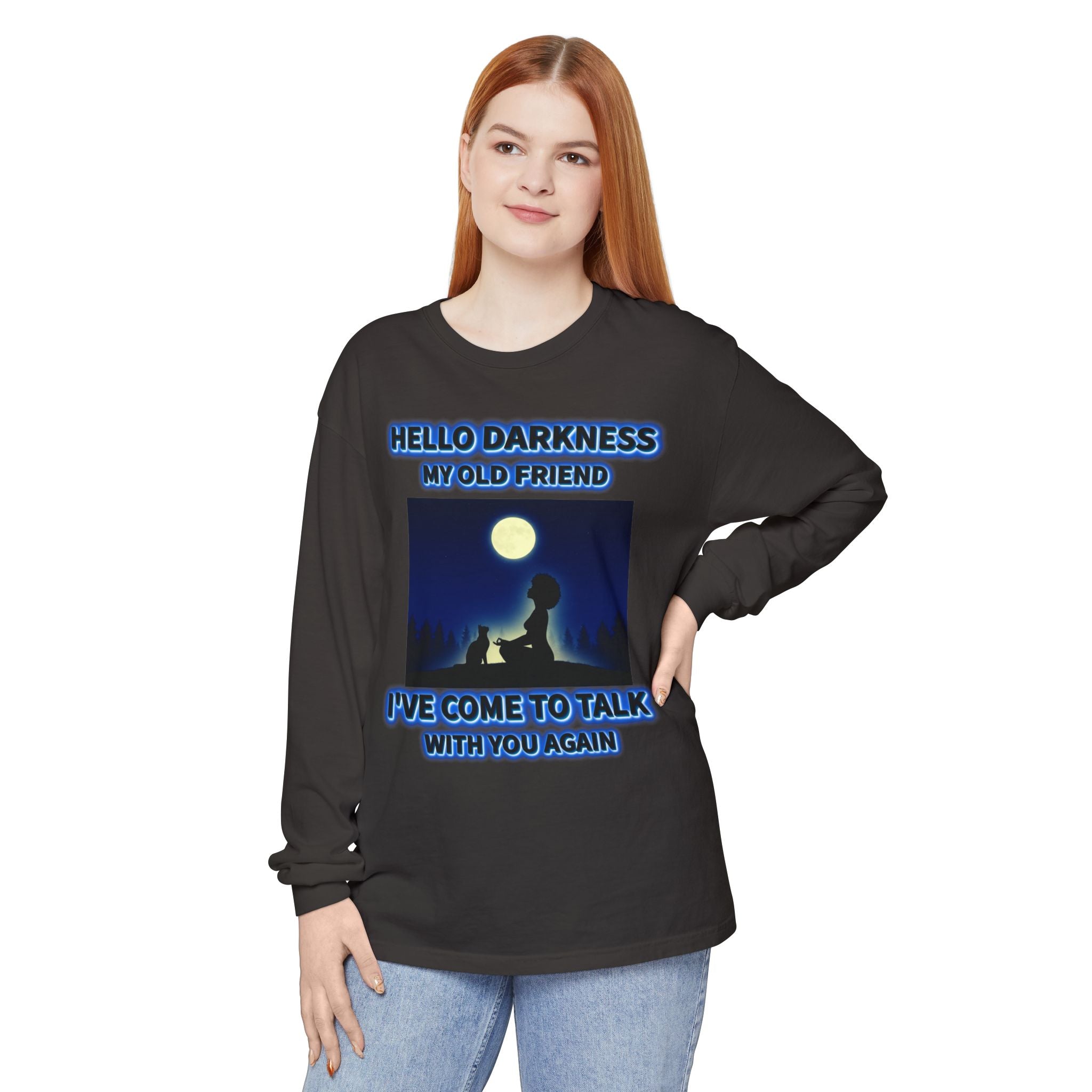🌙🖤 Hello Darkness, My Old Friend™ — Moonlit Soul Long Sleeve Tee ✨🌌