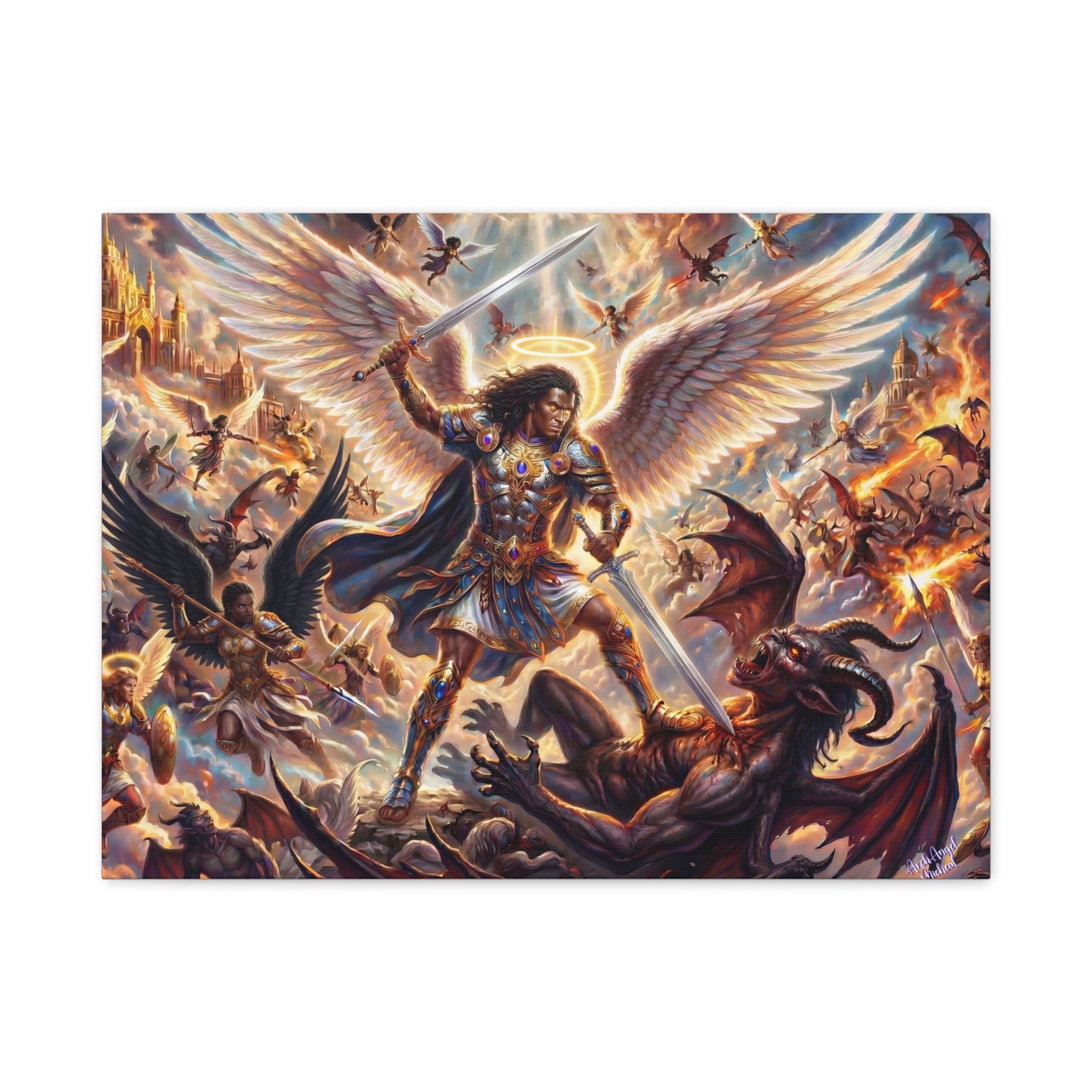 Archangel Michael Victory Canvas — Celestial Warrior Battle Wall Art ⚔️🔥