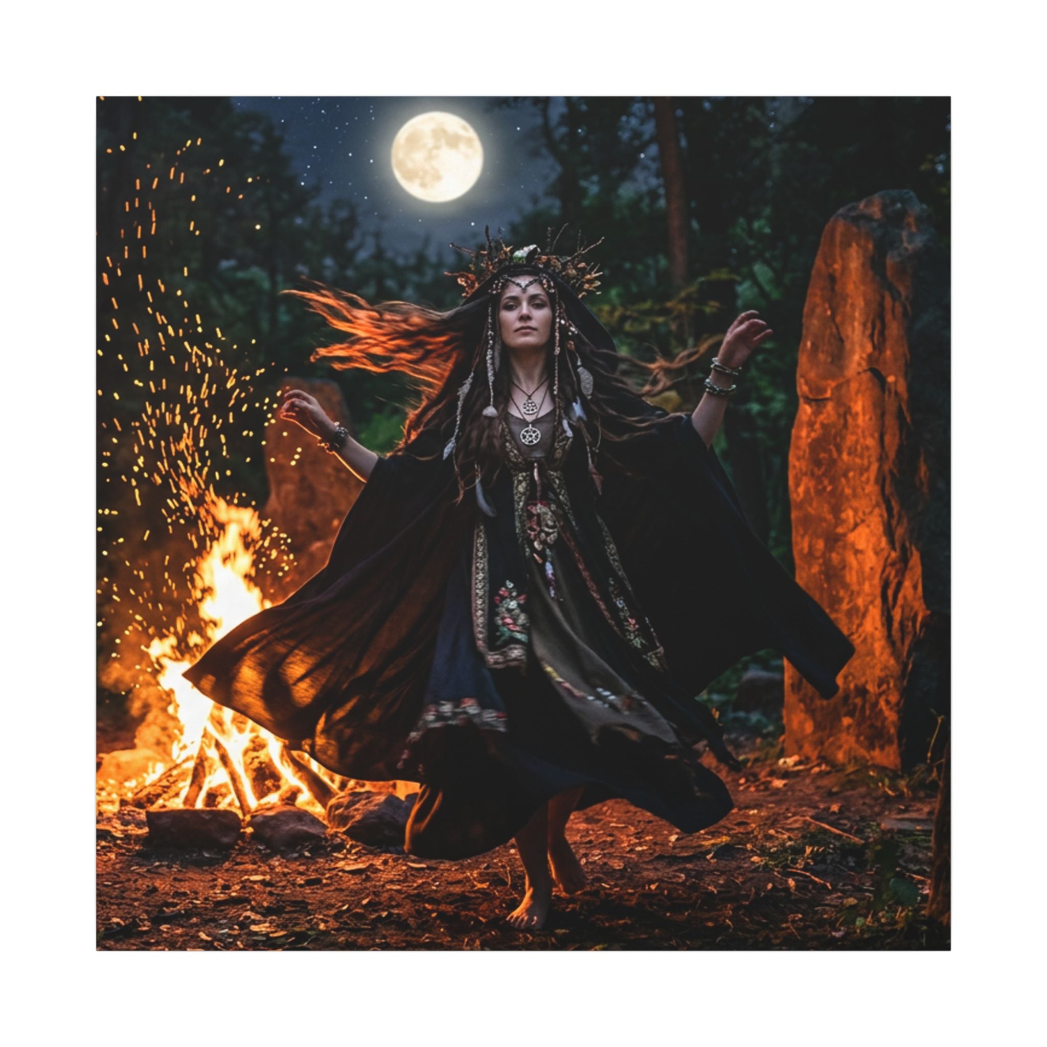 Matte Canvas Wall Art - Moonlit Pagan Woman Dancing by Bonfire (Stretched)