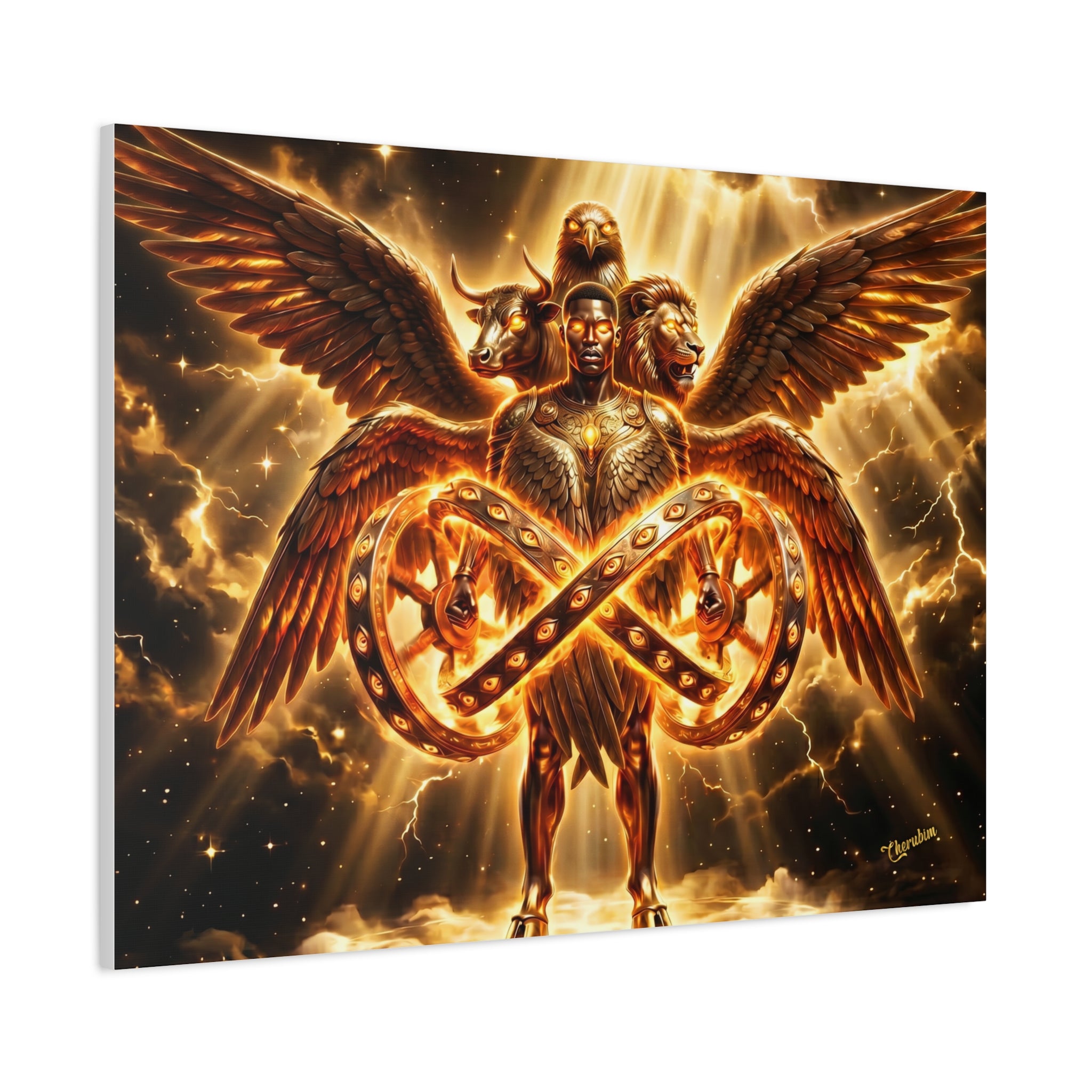Cherubim & Sacred Wheels Canvas — Ezekiel Vision Angelic Wall Art 👼✨
