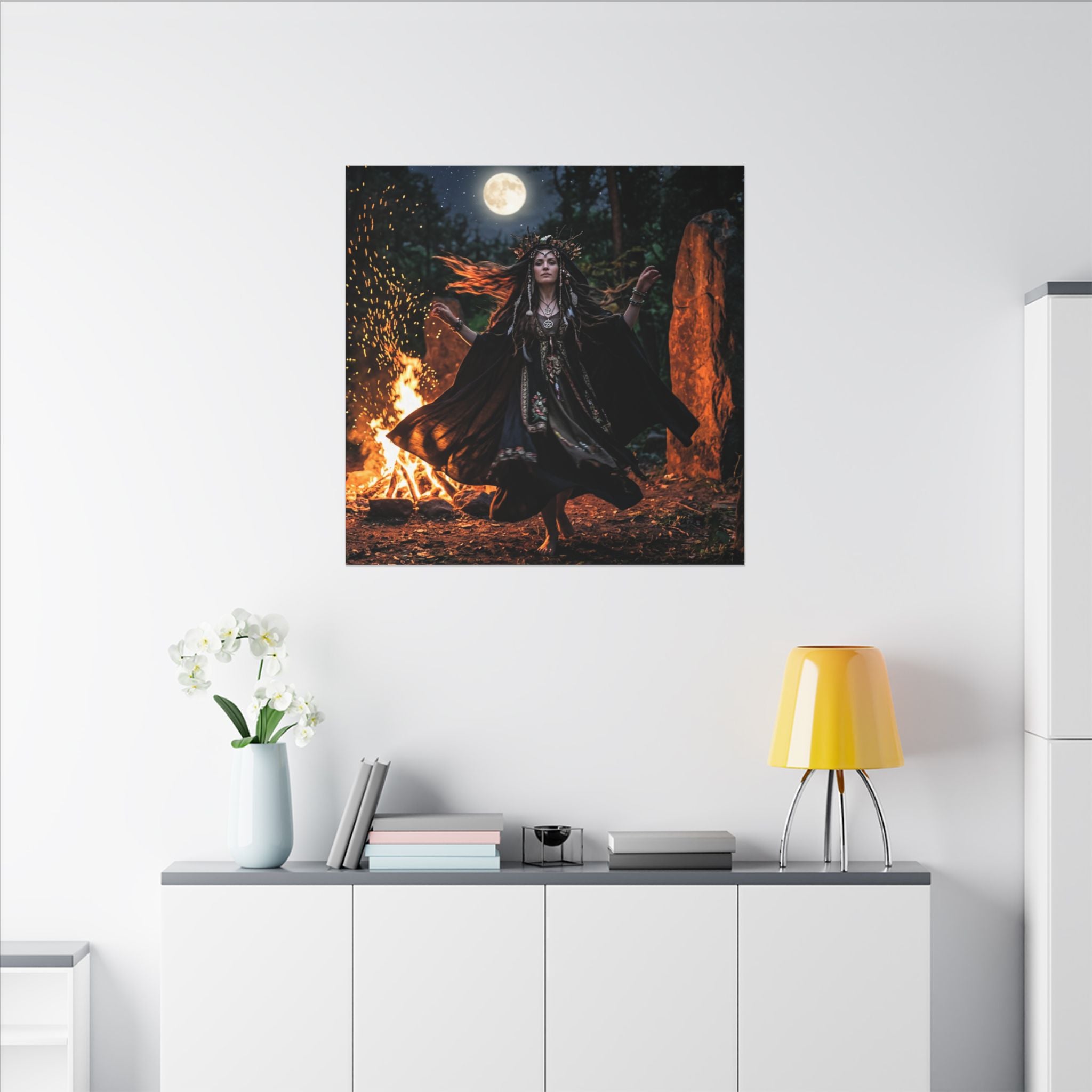 Matte Canvas Wall Art - Moonlit Pagan Woman Dancing by Bonfire (Stretched)