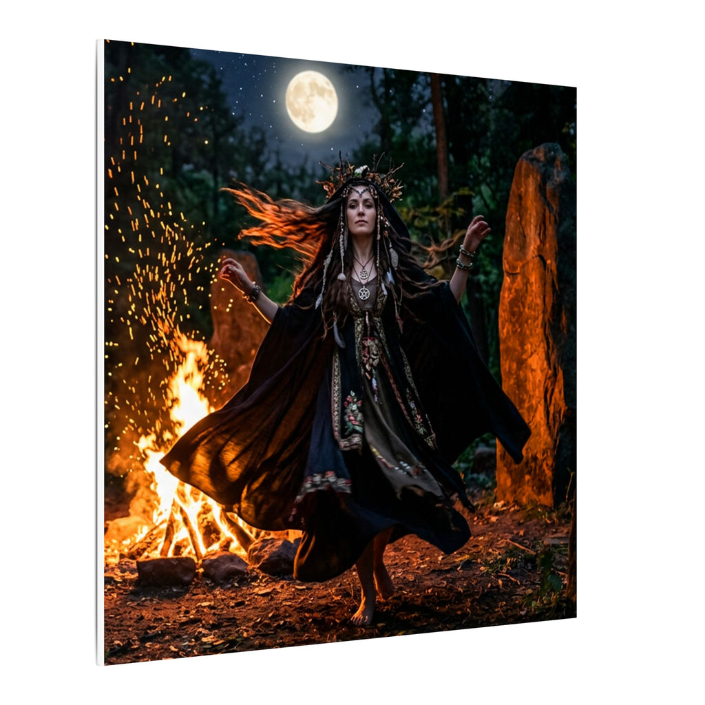 Matte Canvas Wall Art - Moonlit Pagan Woman Dancing by Bonfire (Stretched)