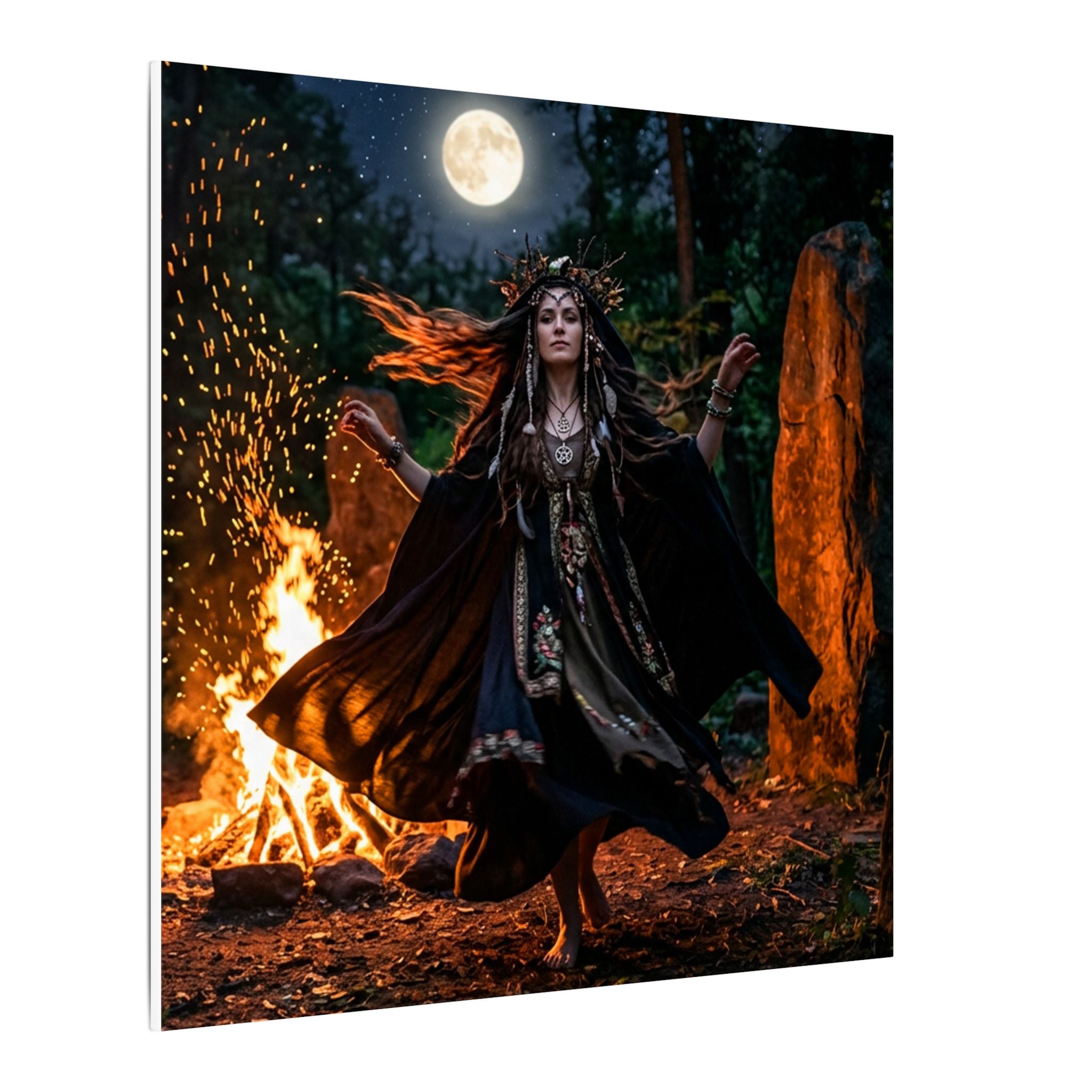 Matte Canvas Wall Art - Moonlit Pagan Woman Dancing by Bonfire (Stretched)