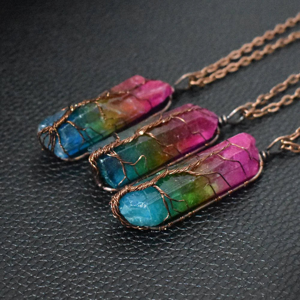Hot Selling Stone Crystal Pillar Tree of Life Pendant Ins Fashion Necklace