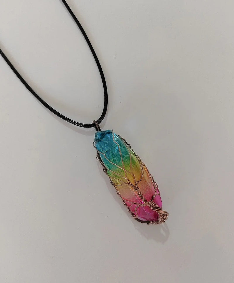 Hot Selling Stone Crystal Pillar Tree of Life Pendant Ins Fashion Necklace