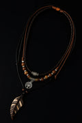 Handmade Feather Pendant Necklace – Boho Layered Leather Cord Necklace
