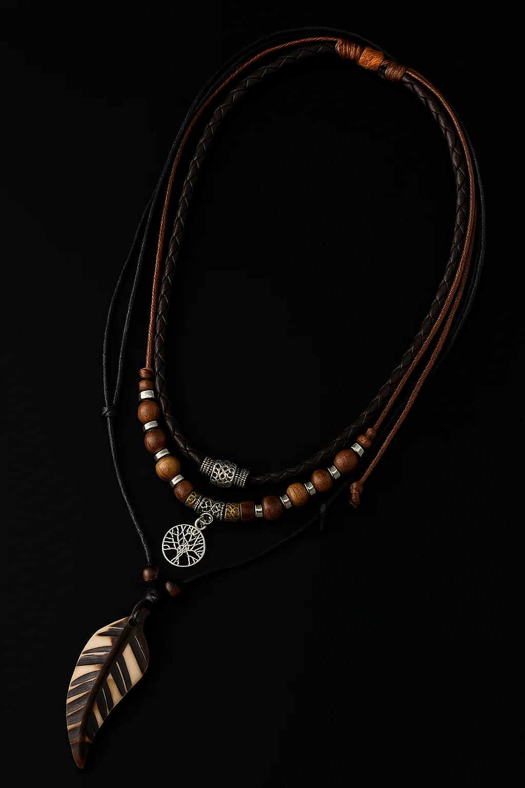 Handmade Feather Pendant Necklace – Boho Layered Leather Cord Necklace